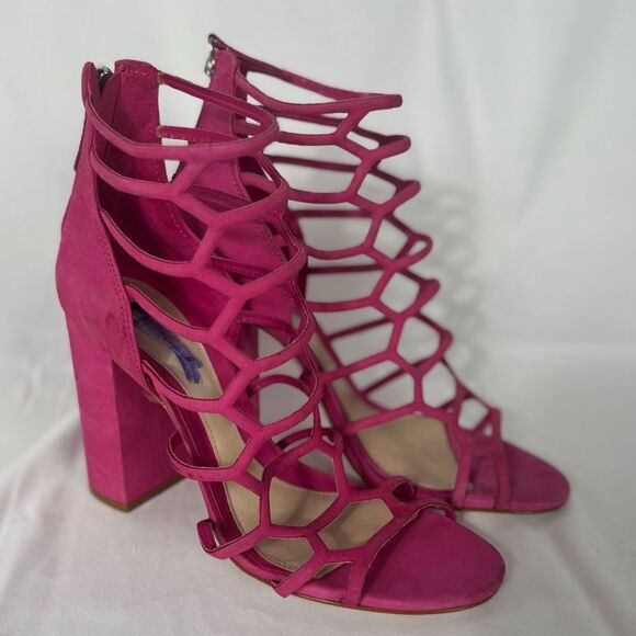 Schutz Women’s 9.5 JULIANNA BLOCK NUBUCK SANDAL Hot Pink Heels - Picture 2 of 11